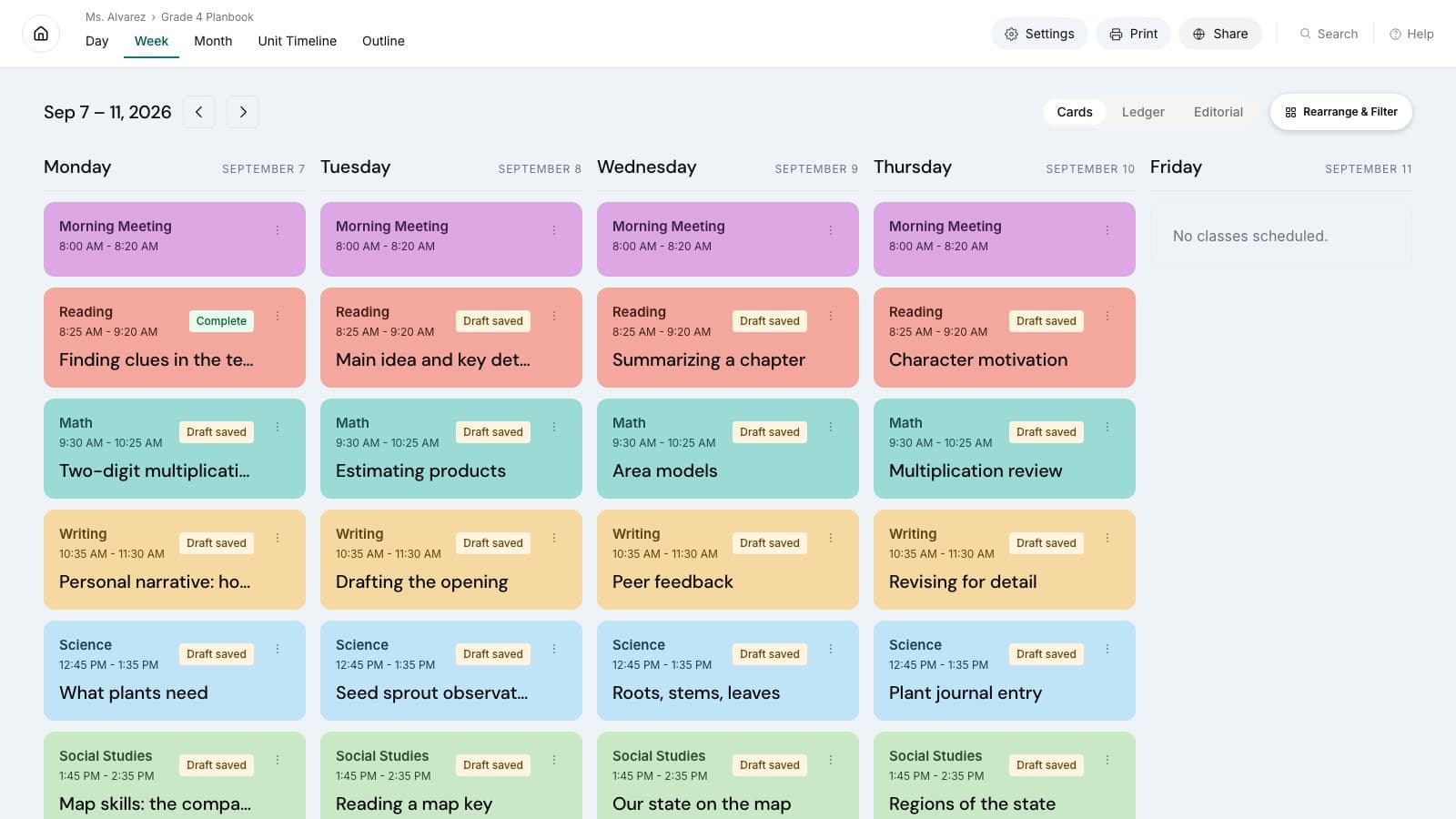 Teacher Planner week view with color-coded classes and lesson drafts in a sample Grade 4 planbook.